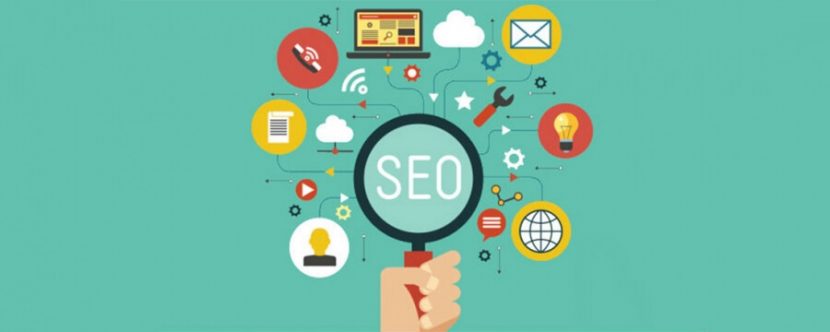 Ilustração de uma lupa em cima da palavra SEO, e vários ícones digitais ao redor