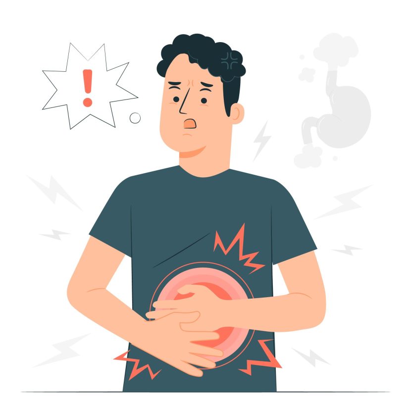 A imagem mostra alguém com dor no intestino.